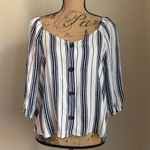 White & Navy Striped Button Top